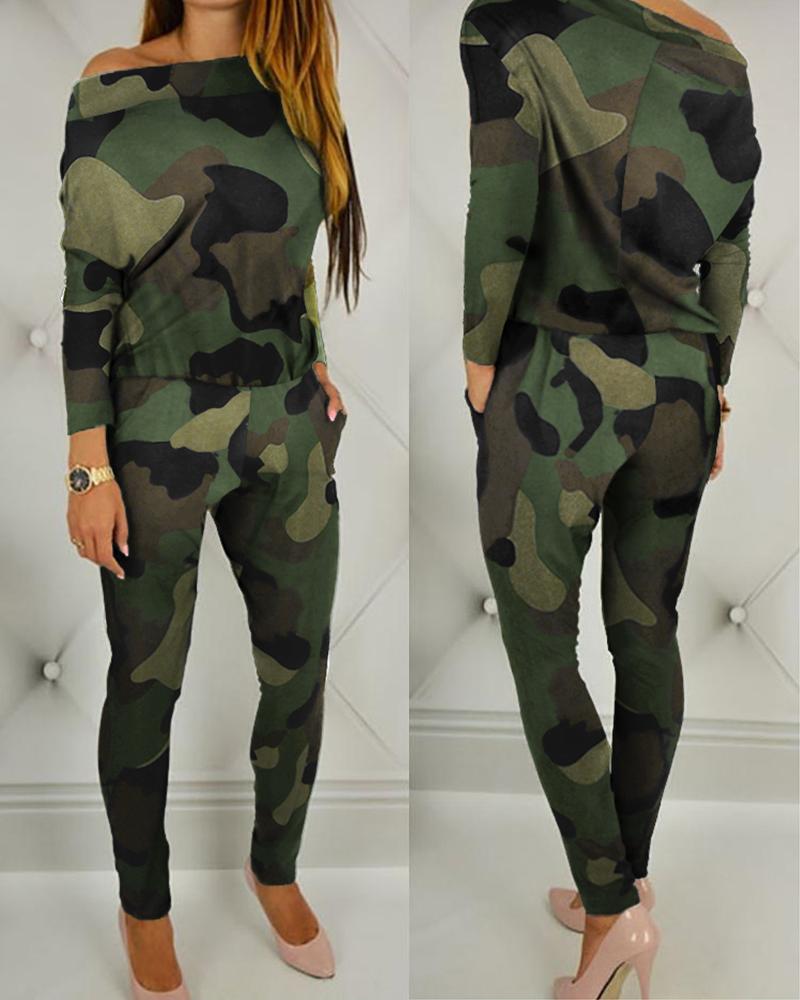 

Camouflage Print Bat-Wing Sleeve Jumpsuits, Camoflage
