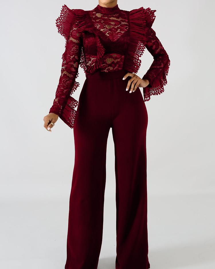 

Sheer Lace Crochet Flounced Jumpsuit, Wine red