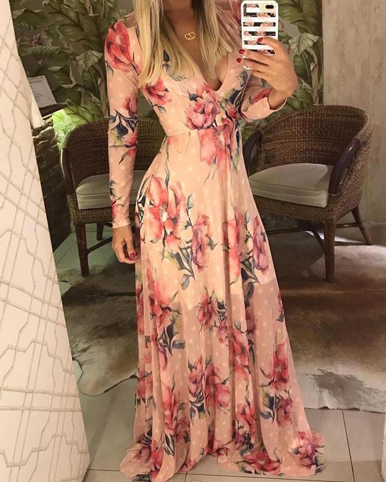 

Floral Print Deep V-Neck Maxi Dress, Pink