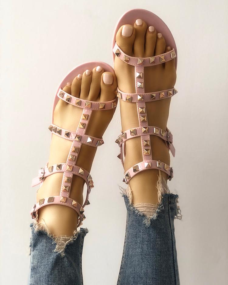 

Rivets Embellished Hollow Out Flat Sandals, Apricot