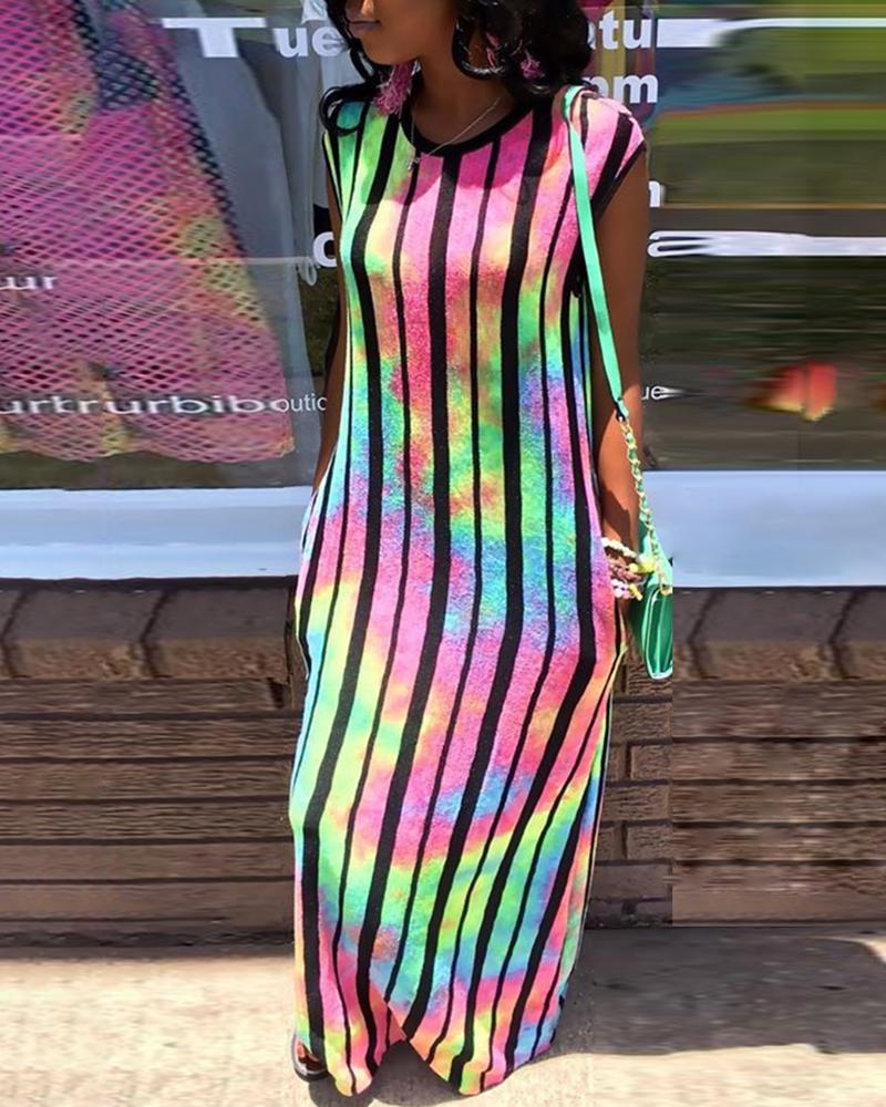 

Tie Dye Striped Round Neck Maxi Dress