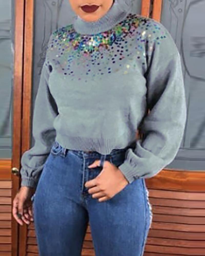 

Sequins Detail Long Sleeve Casual Sweatshirt, Gray