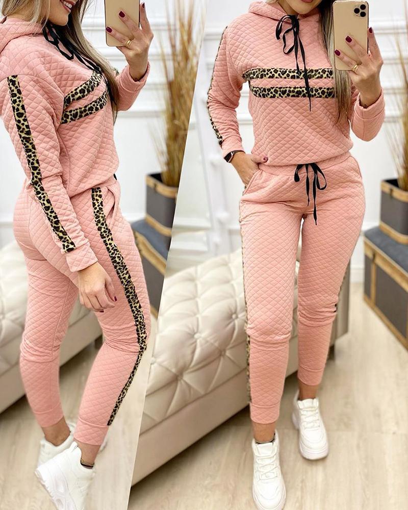 

Cheetah Print Hooded Top & Drawstring Pants Set, Pink