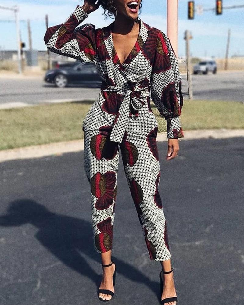 

Notched Collar Lantern Sleeve Print Dot Jumpsuit, Light gray