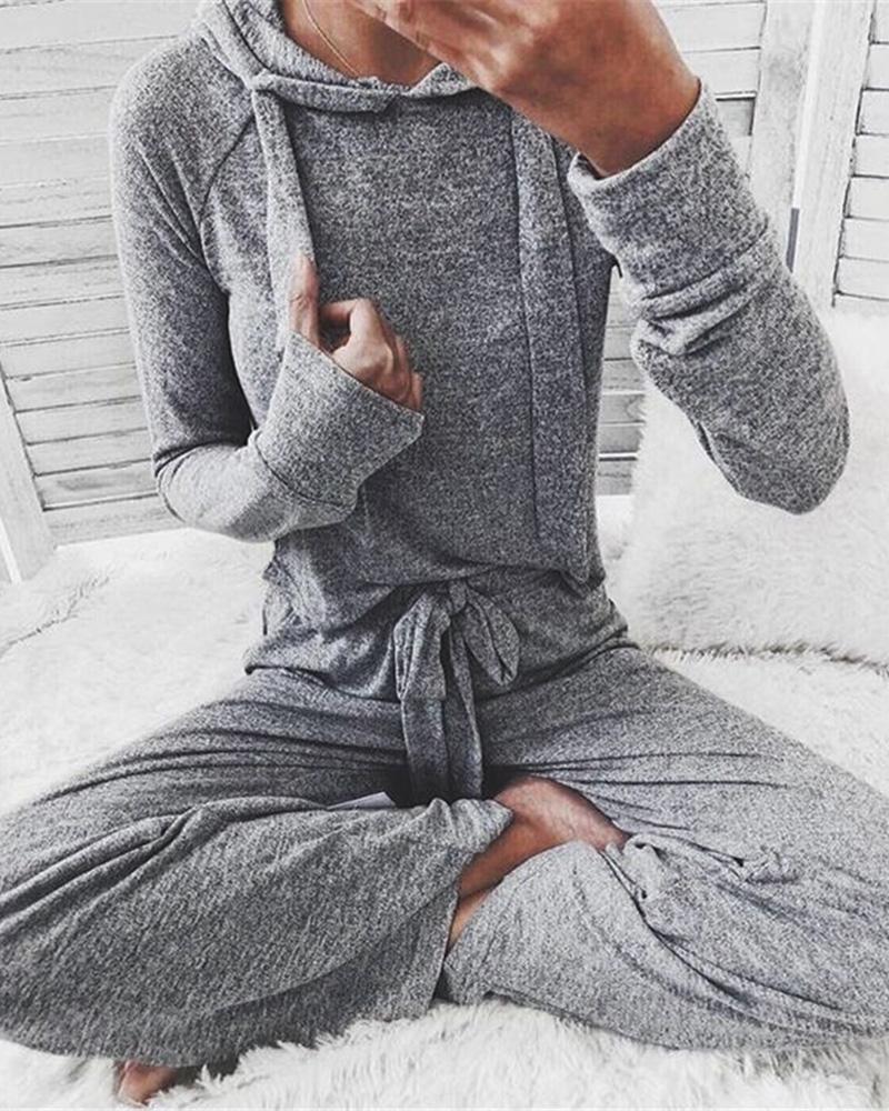 

Solid Hooded Drawstring Sweatshirt & Pants Sets, Gray