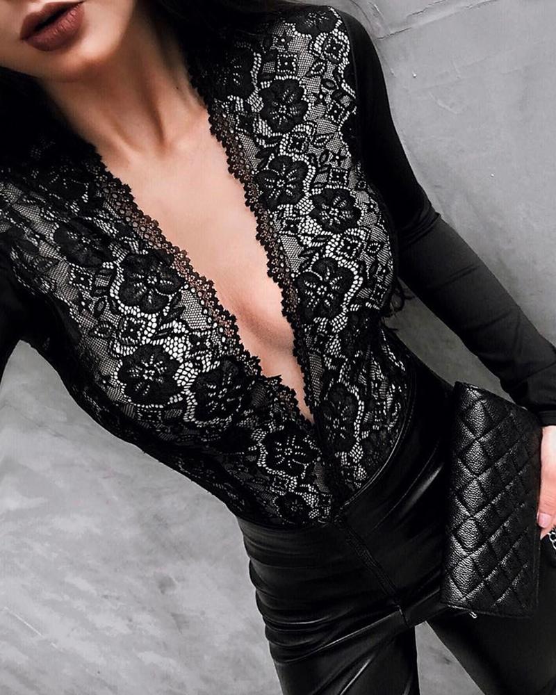 

Long Sleeve Lace Insert Plunge Bodysuit, Black