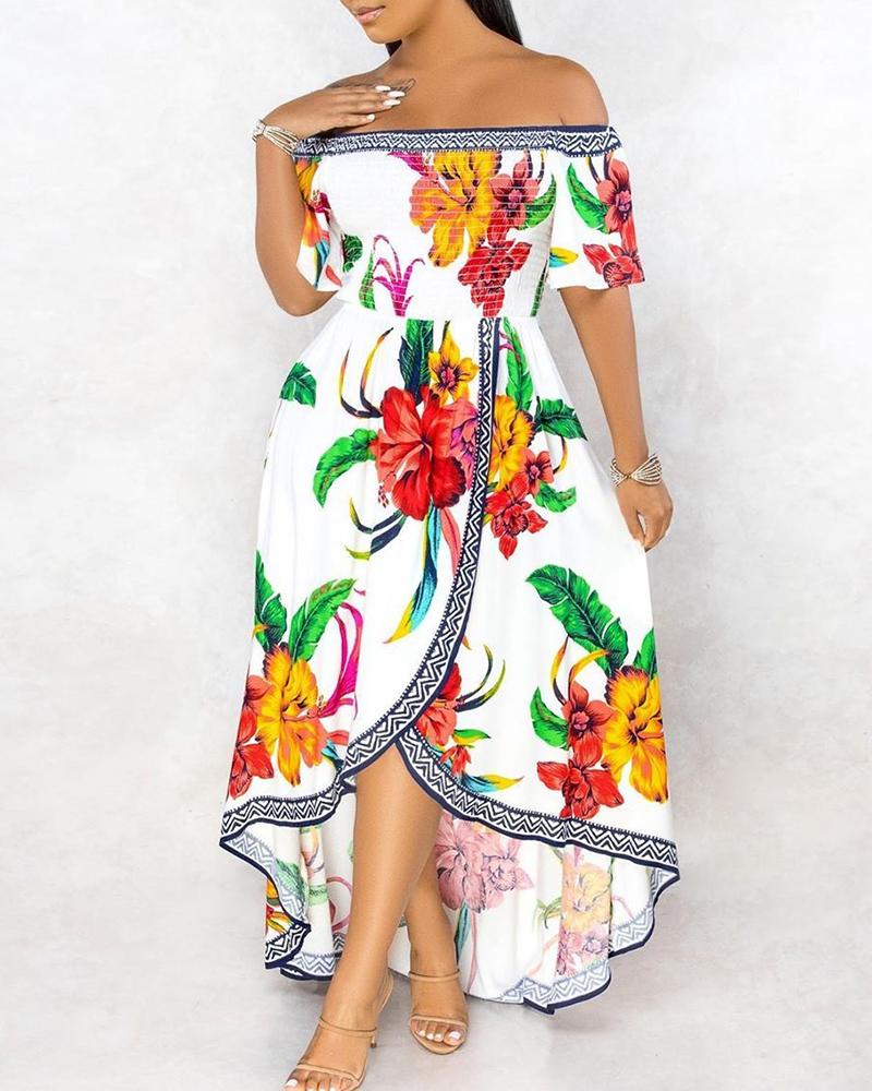 

Off Shoulder Floral / Leaf Print Ruched Dip Hem Maxi Dress, White