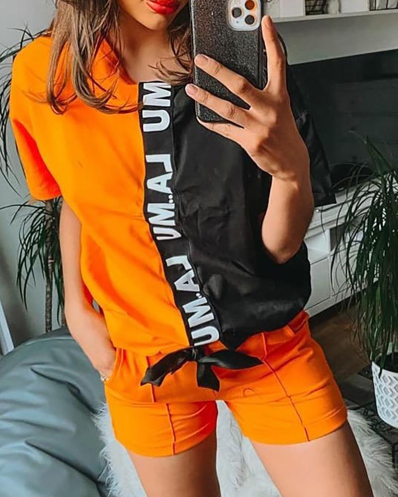 

Letter Print Colorblock Top & Pocket Design Shorts Set, Orange