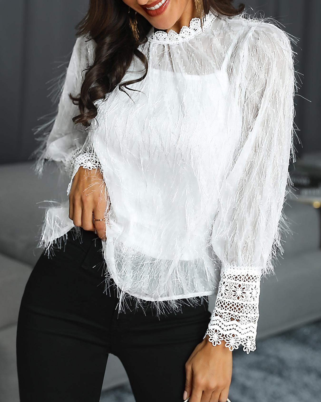 

Lace Cuff Fringe Embellished Blouse With Lining, White