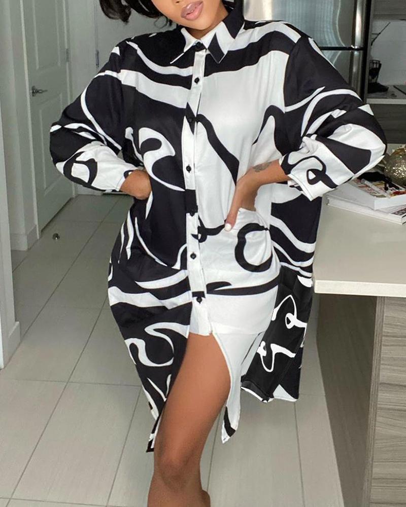 

Button Design Colorblock Shirt Dress, Black