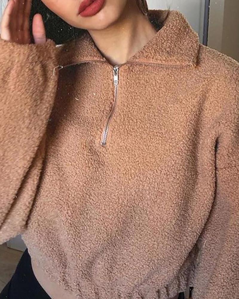 

Solid Polar Fleece Zipped Casual Sweatshirt, Khaki