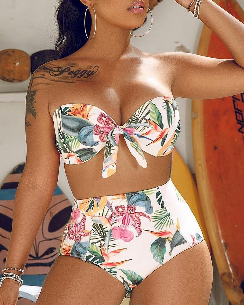 

Tropical Print Knotted Detail Bikini Sets, Multicolor