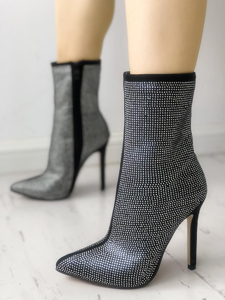 

Shiny Pointed Toe Zipper Up Thin Heeed Boots
