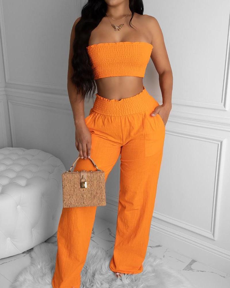 

Solid Bandeau Shirring Design Top & Pants Set, Orange