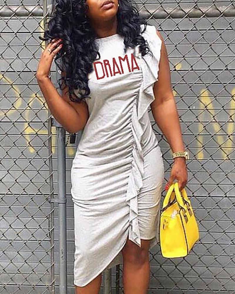 

Letter Printing Ruffle Trim Irregular Dress, Gray