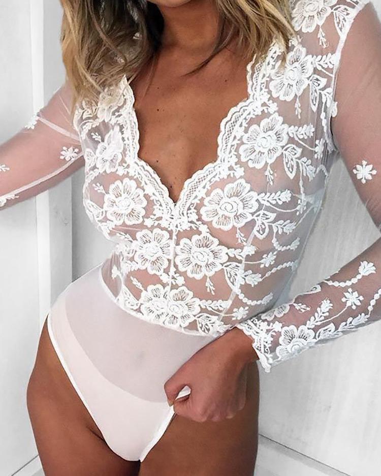 

Lace Crochet Mesh Splicing Sheer Bodysuit, White