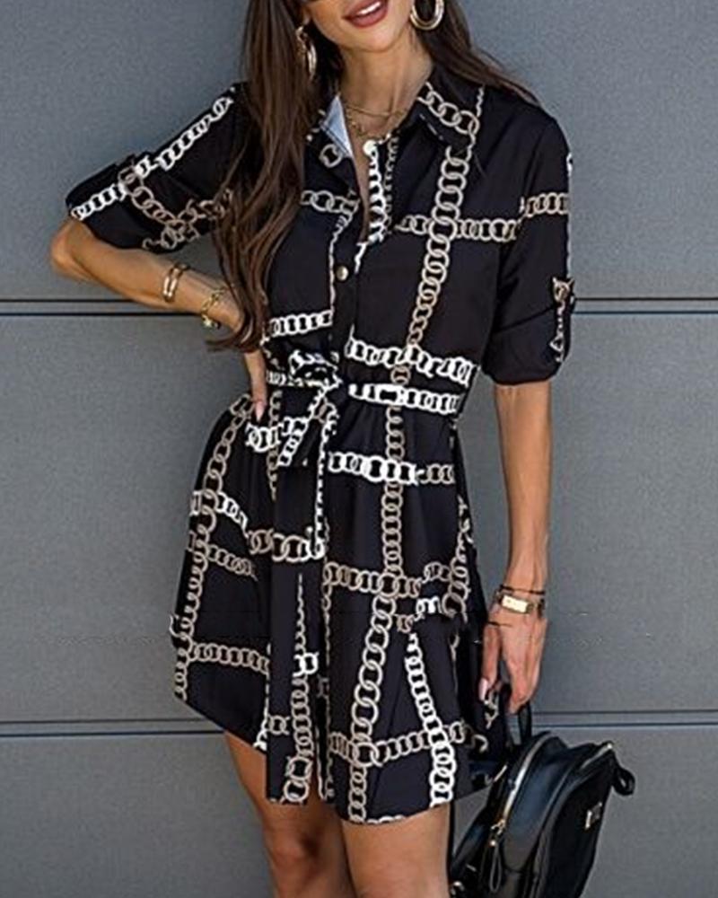 

Printing Lace-up Long Sleeve Dress, Black