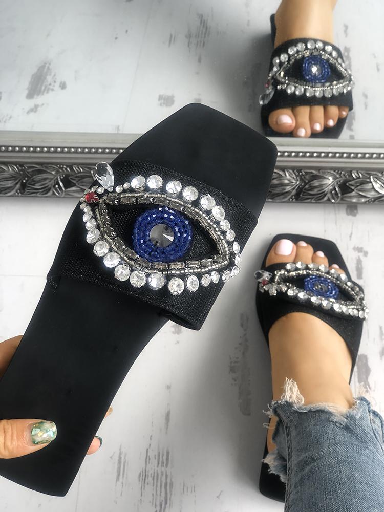 

Big Eye Shiny Embellished Peep Toe Flat Sandals, Black