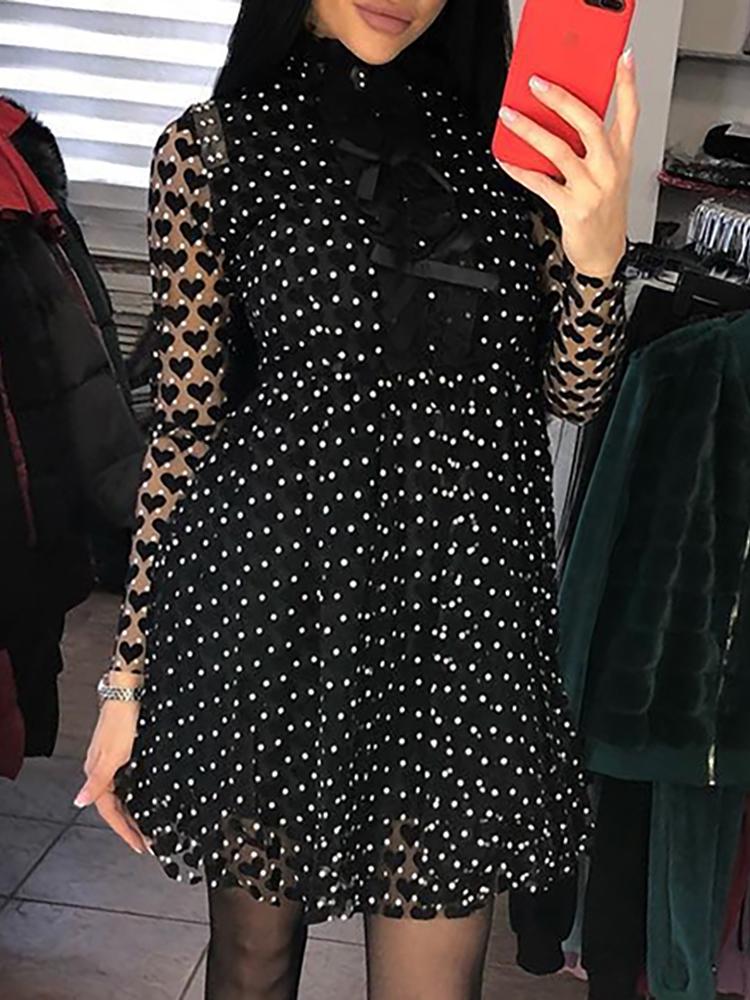 

Dot & Heart Print Bowknot Detail Mesh Dress, Black