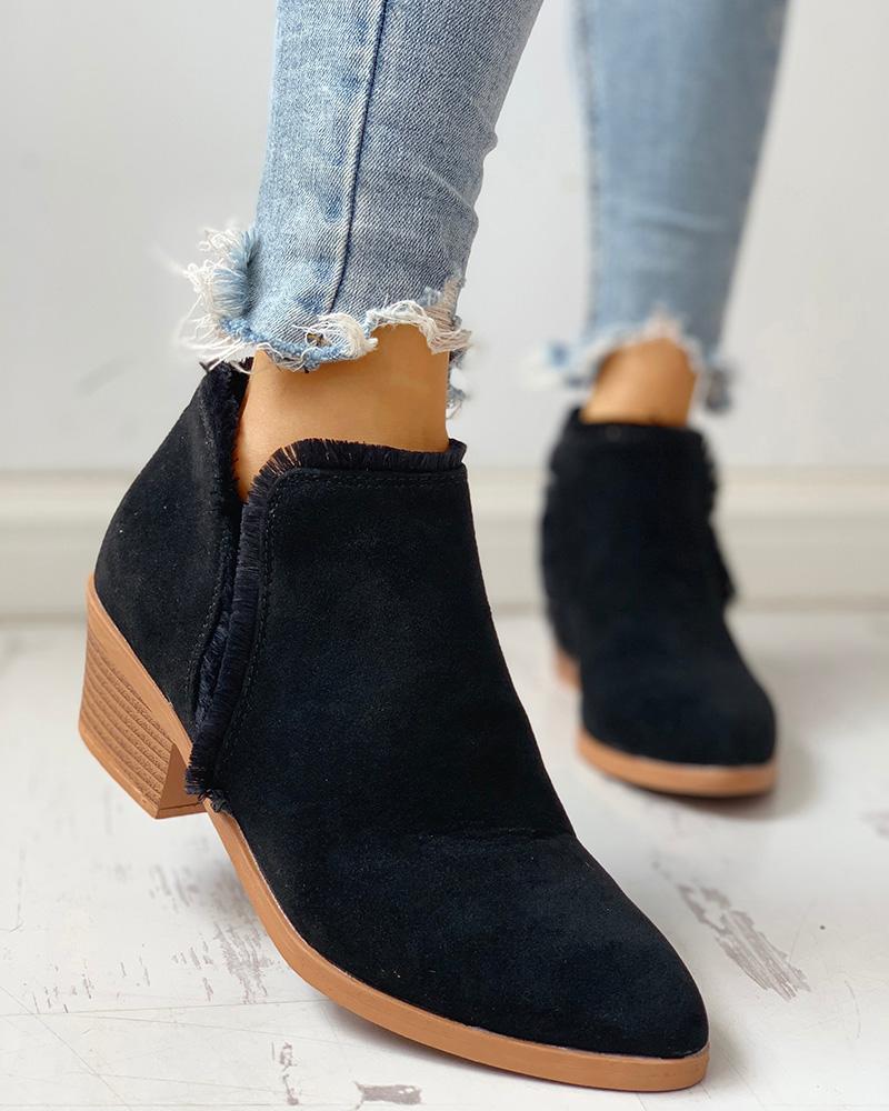 

Solid Fluffy Chunky Heeled Boots, Black