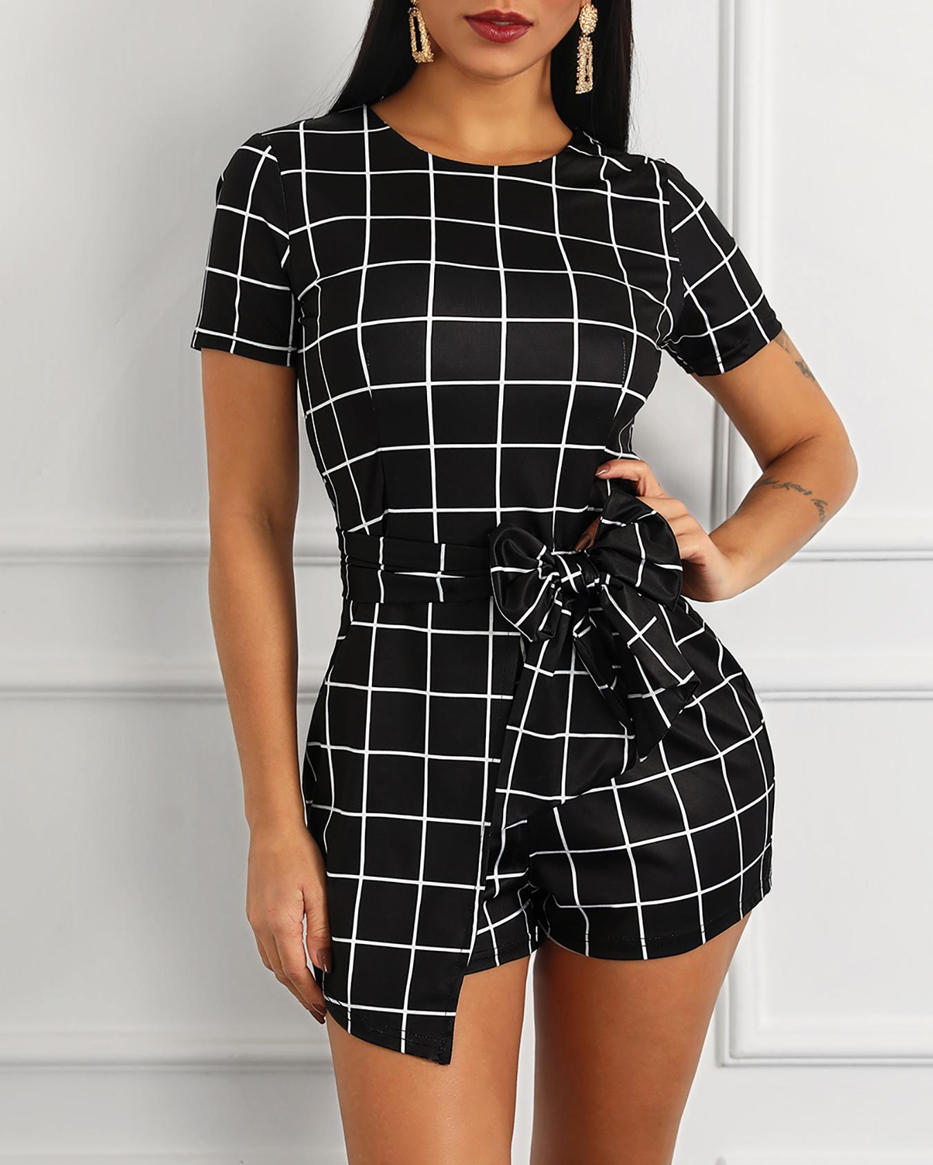 

Grid Print Tie Waist Overlap Playsuit, Black