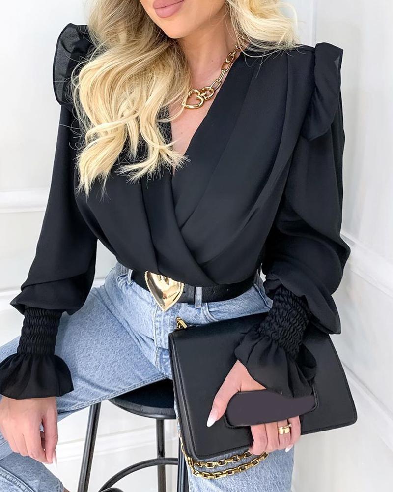 

Frill Hem Plain Bell Sleeve Wrap Blouse, Black