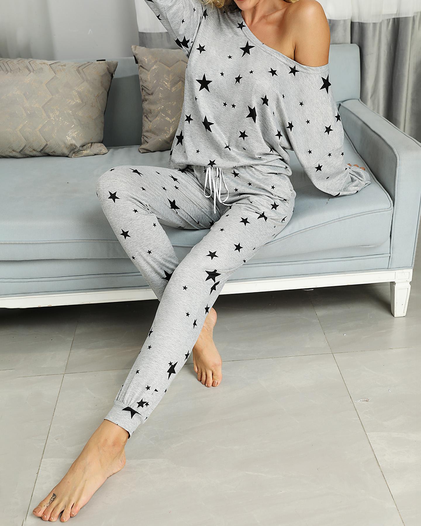 

Stars Print Casual Top & Pant Set, Gray