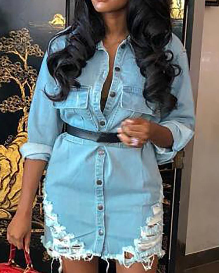 

Distressed Button Through Long Sleeve Denim Dress