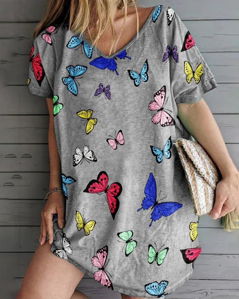 

Butterfly Print Short Sleeve Casual Dress, Gray