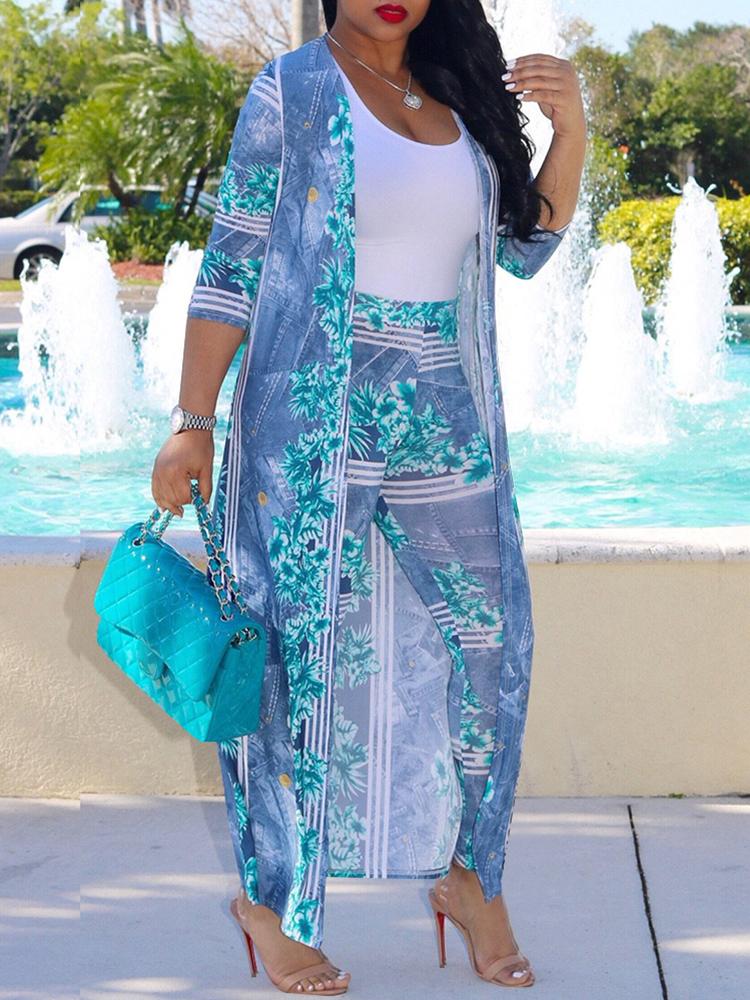 

Printed Casual Cardigan With Pants Set, Purple