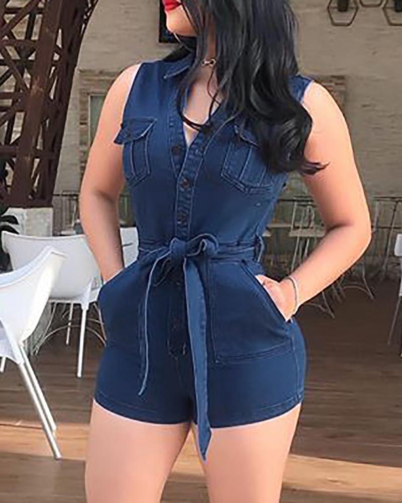 

Sleeveless V-neck Belted Denim Romper, Dark blue