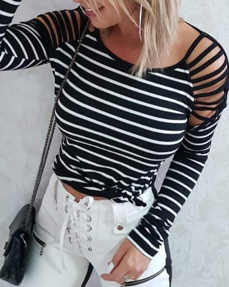 

Striped Long Sleeve Loose Cut-out Blosue, Black