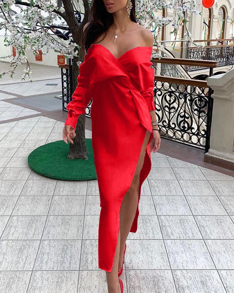 

V Neck Wrap Slit Dress, Red