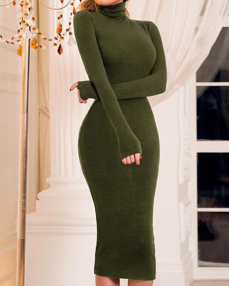 

Solid High Neck Long Sleeve Midi Dress, Green