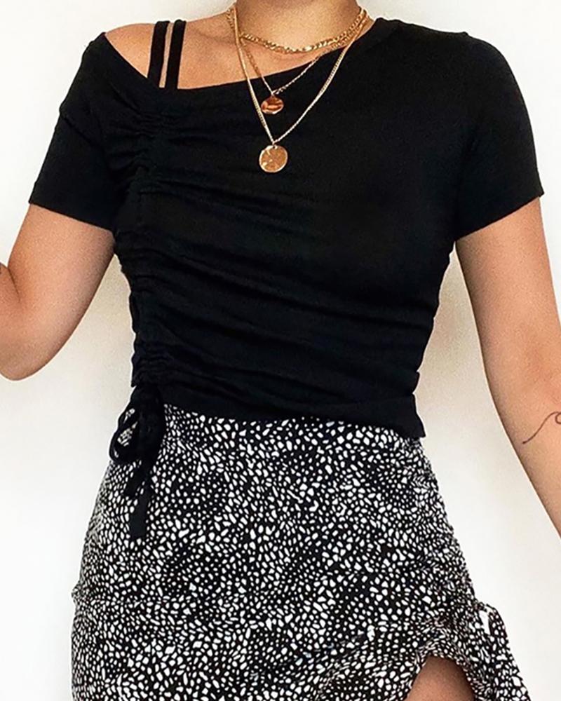 

Cold Shoulder Drawstring Casual T-shirt, Black