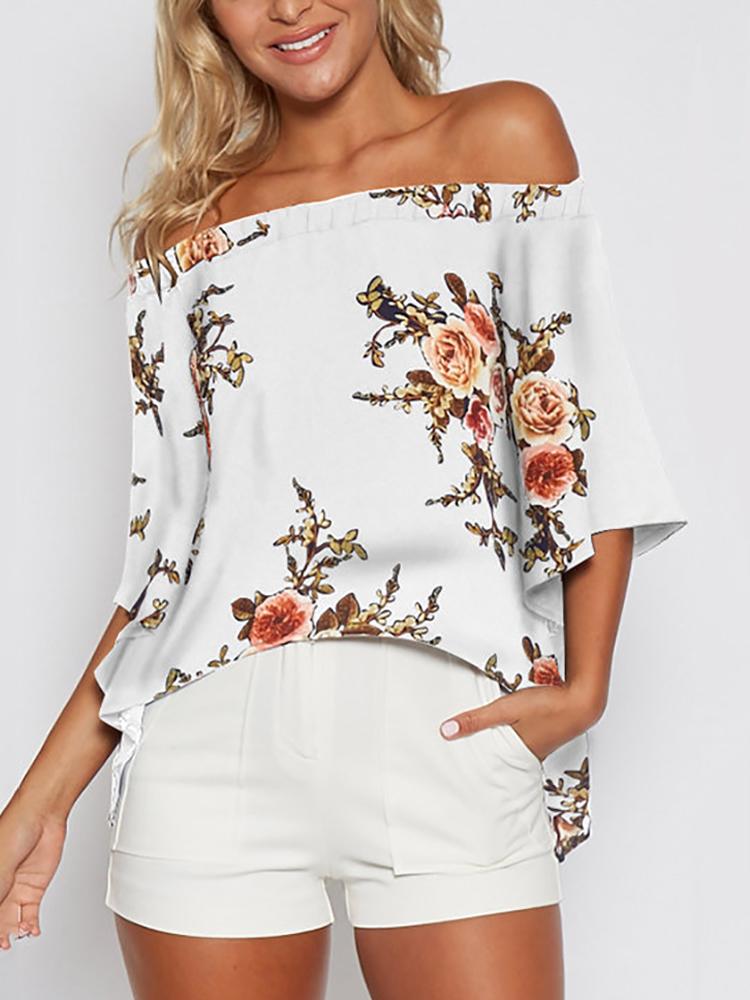 

Floral Off Shoulder Dip Hem Casual Blouse