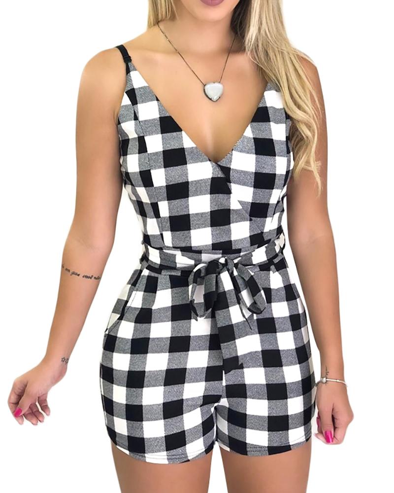 

Spaghetti Strap Grid Belted Romper, White