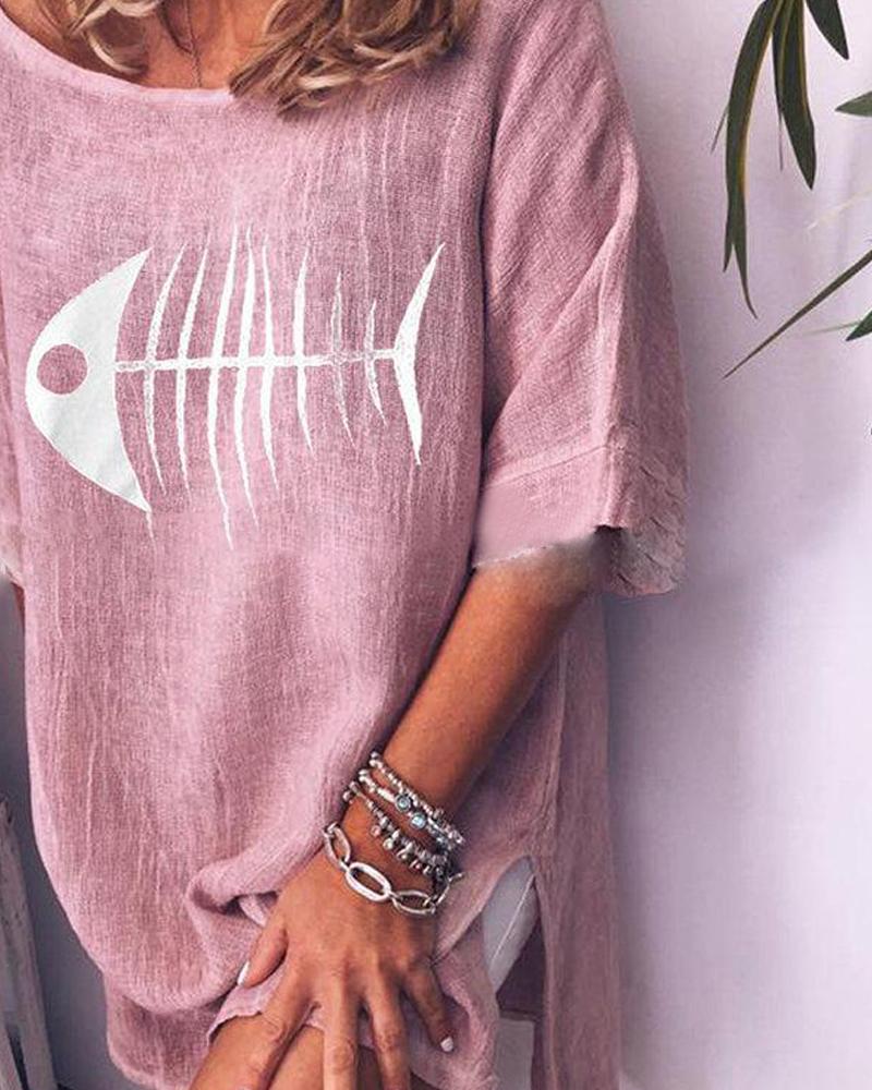 

Fishbone printed round neck loose casual T-shirt, Pink