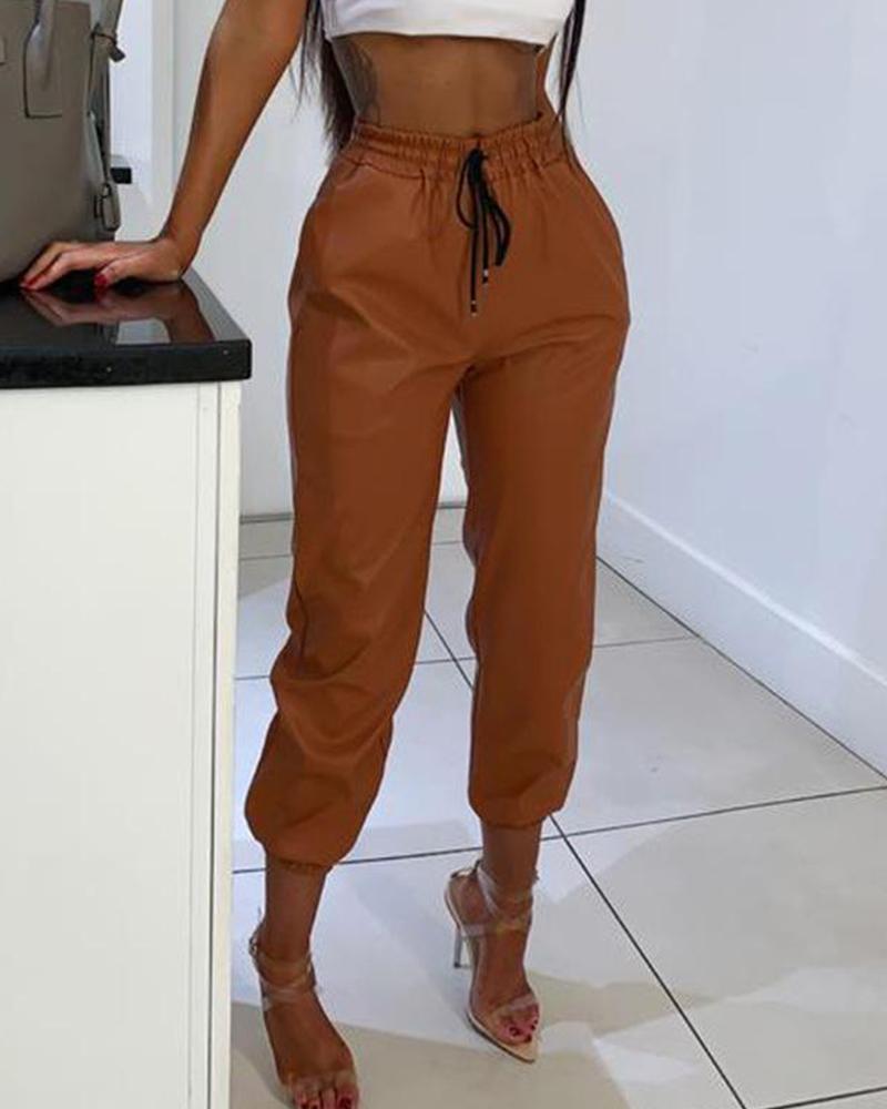 

Faux Leather Elastic Waist Pants, Brown