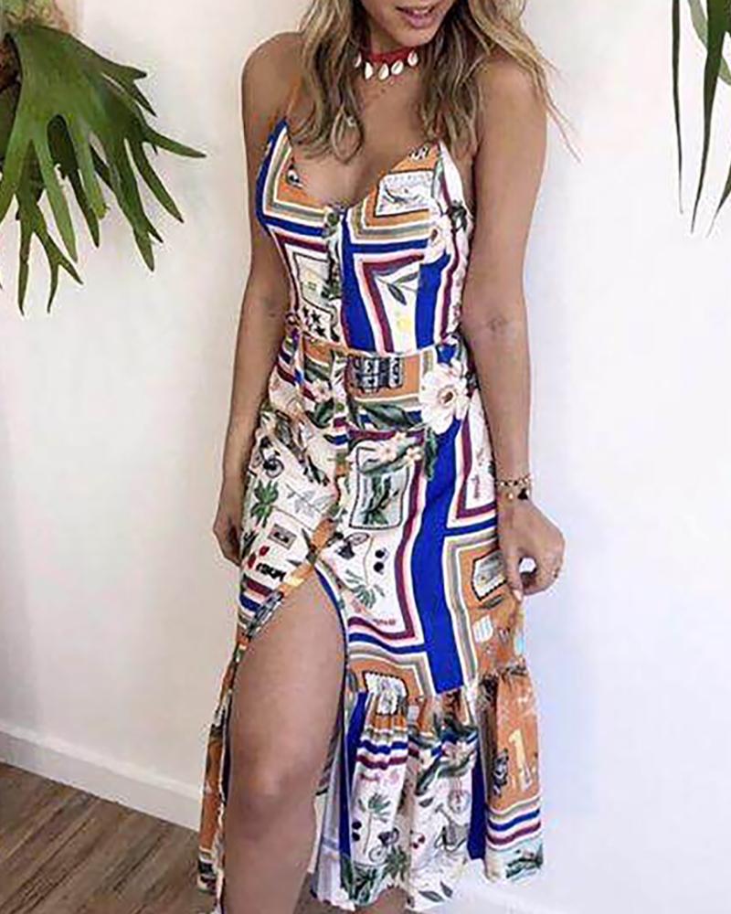 

Print Spaghetti Strap Slit Casual Dress, Multicolor