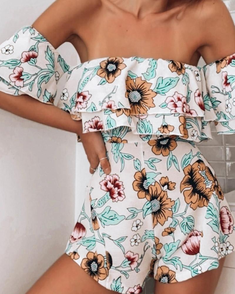 

Off Shoulder Floral Print Layered Ruffles Casual Romper, Green