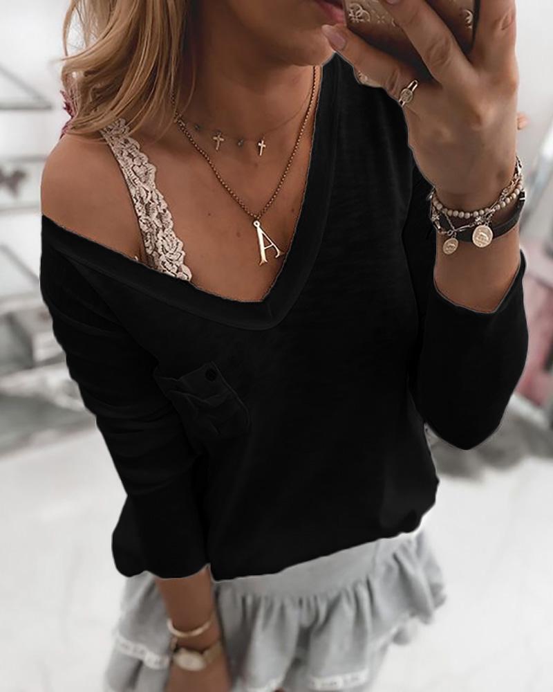 

Solid Long Sleeve V-neck Casual T-shirt, Black