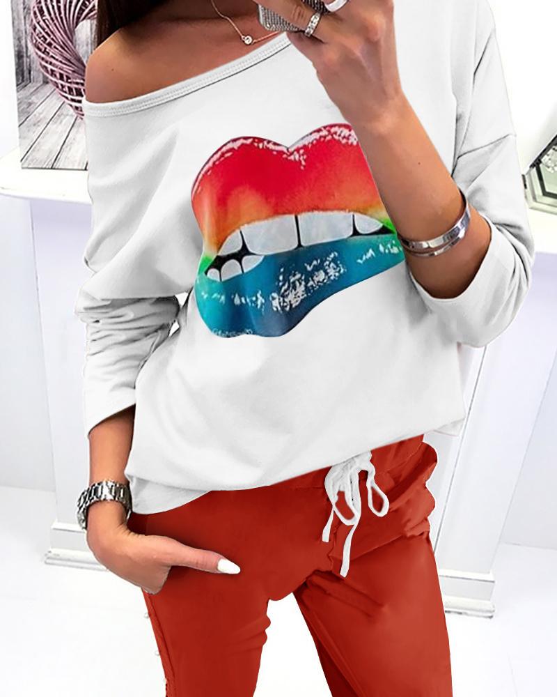 

Lip Print Long Sleeve Top & Pants Set, Red