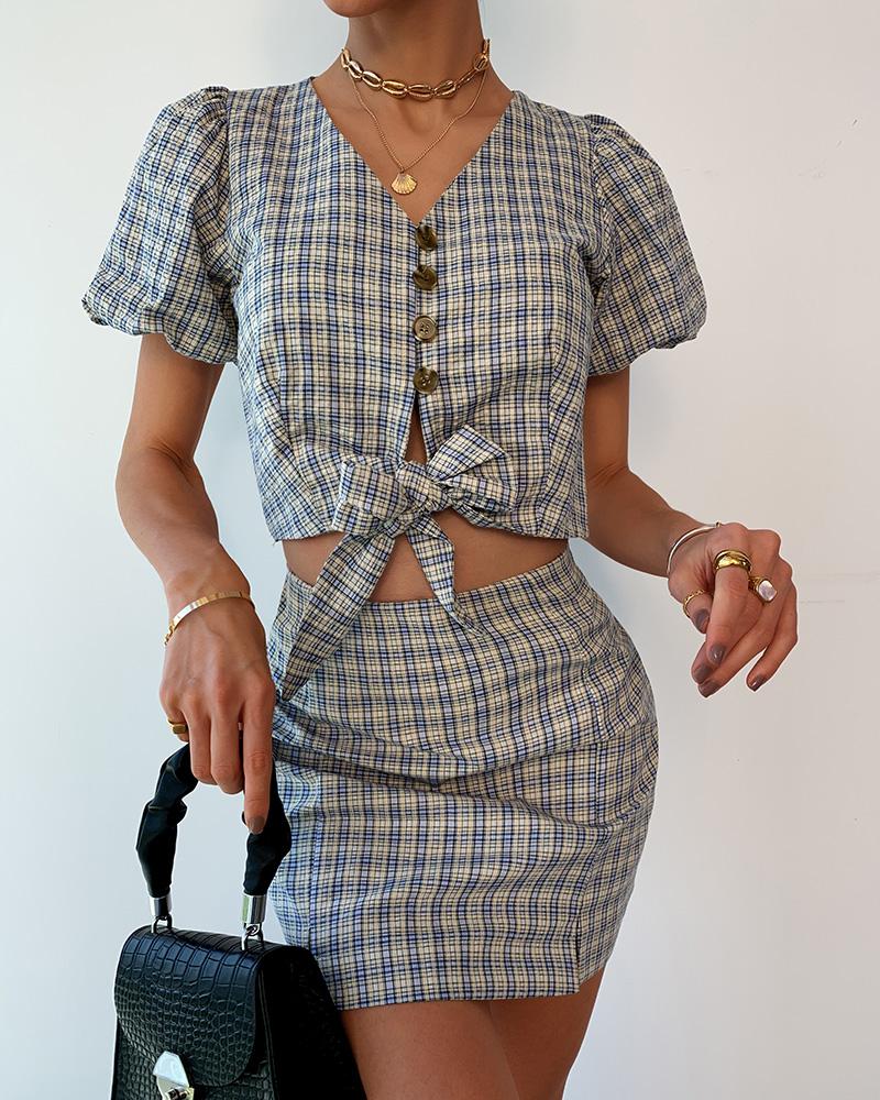 

Tweed Tie Front Button Design Crop Top & Slit Skirt Sets, Blue