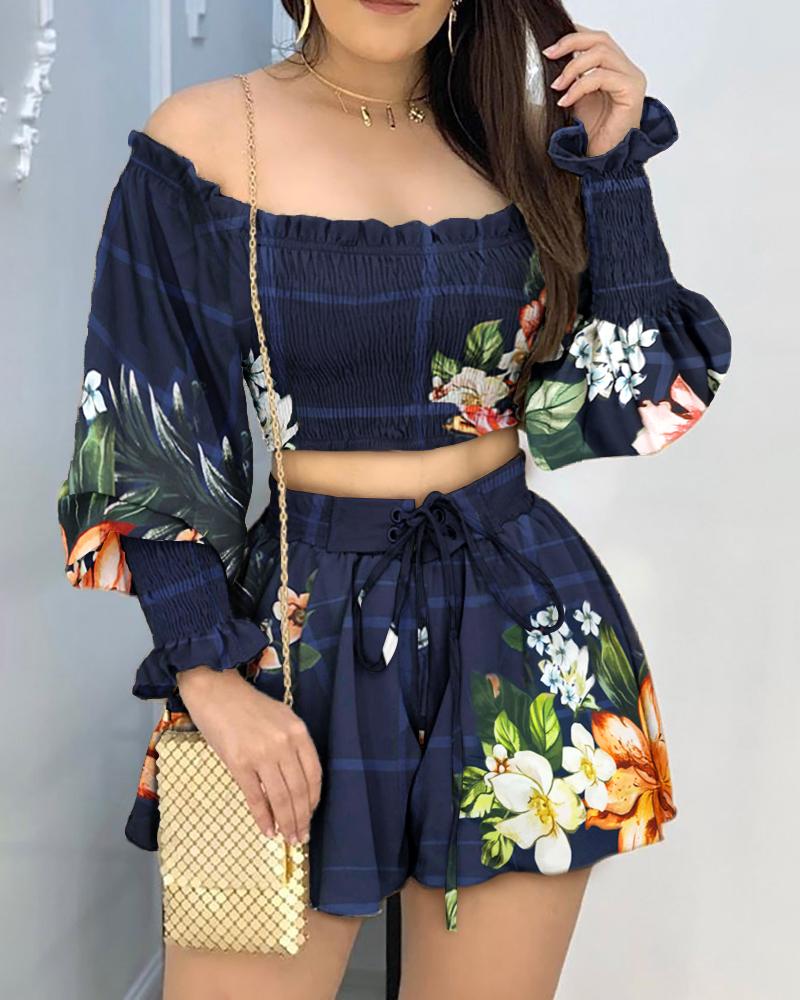 

Floral Print Crop Top With Shorts Set, Purplish blue