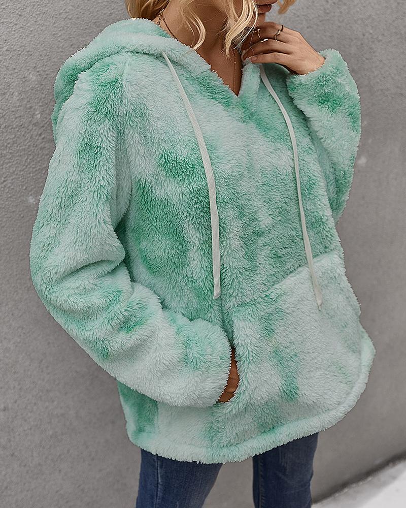 

Tie Dye Print Pocket Design Fluffy Hoodie, Green