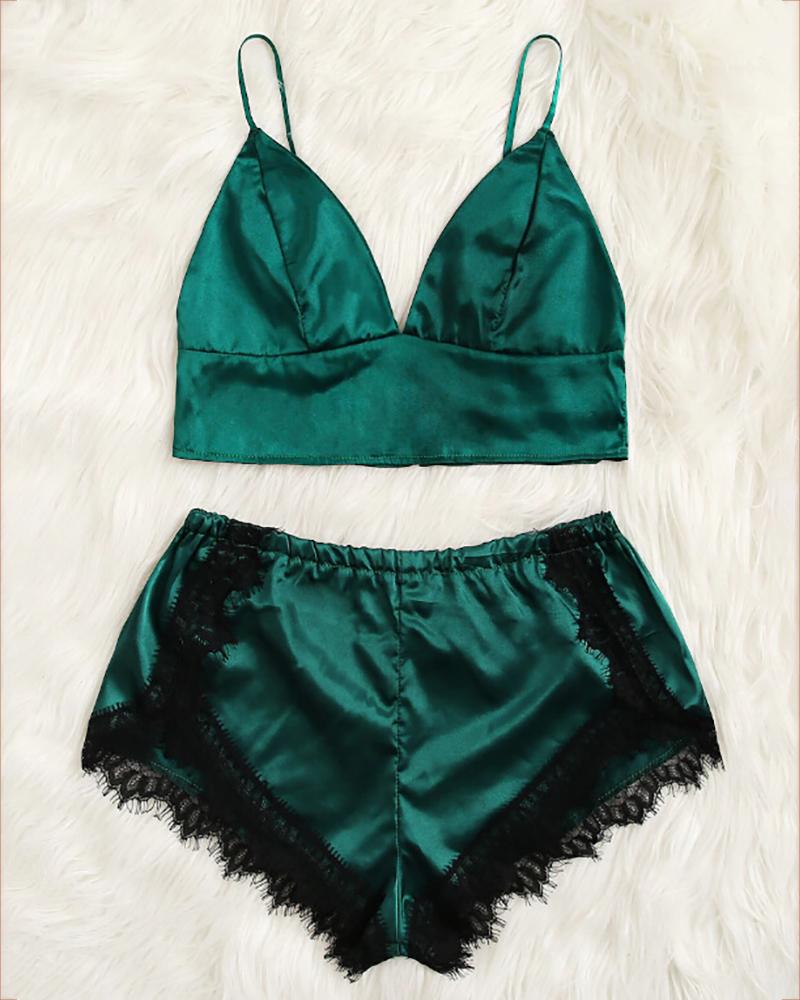 

Eyelash Lace V-neck Cami Set, Green