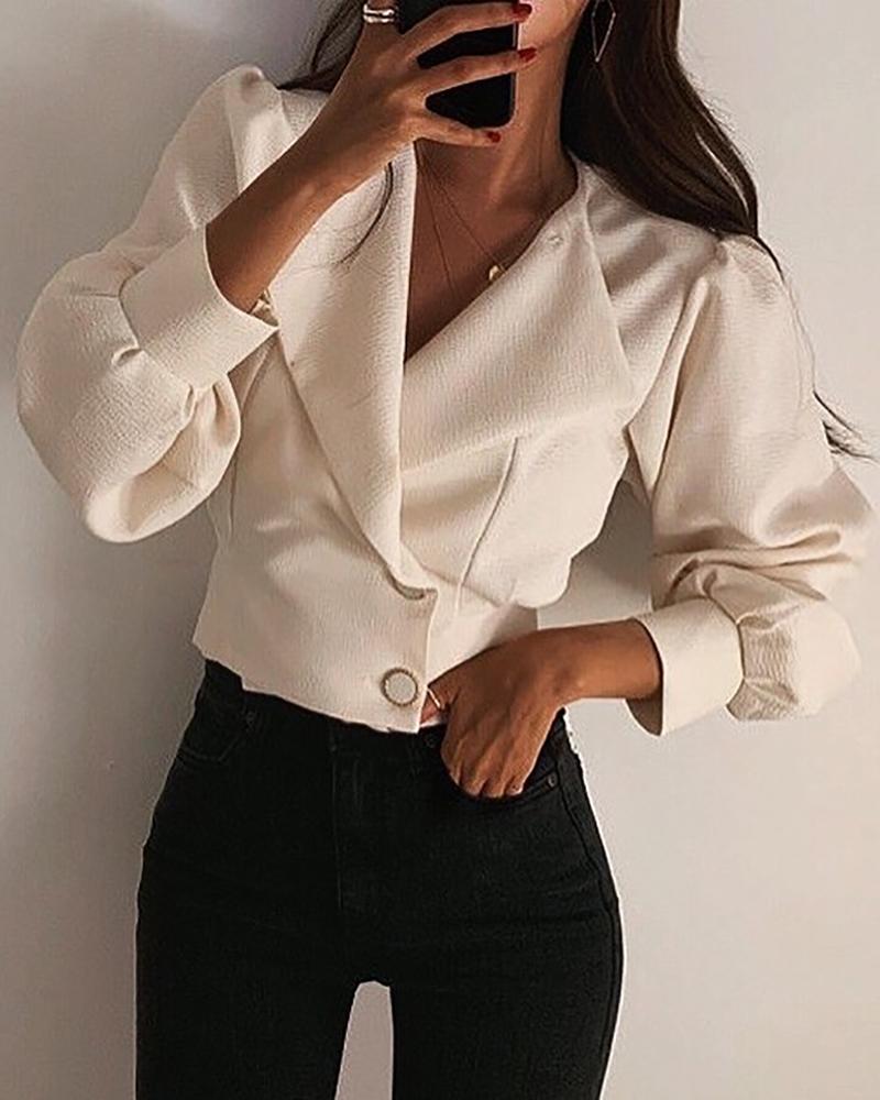 

Plunge Puffed Sleeve Tight Waist Blouse, White