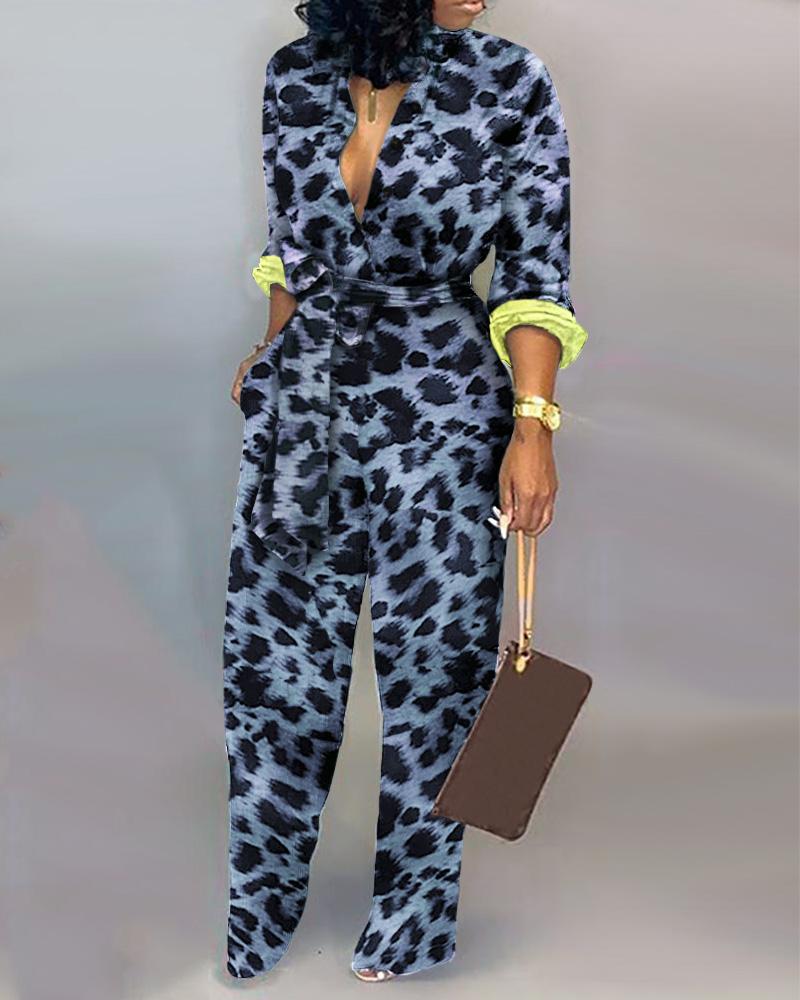 

Leopard Long Sleeve Knotted Jumpsuit, Blue