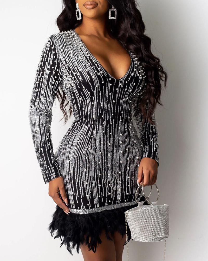 

Bead Embellished Feather Sequin Dress, Black